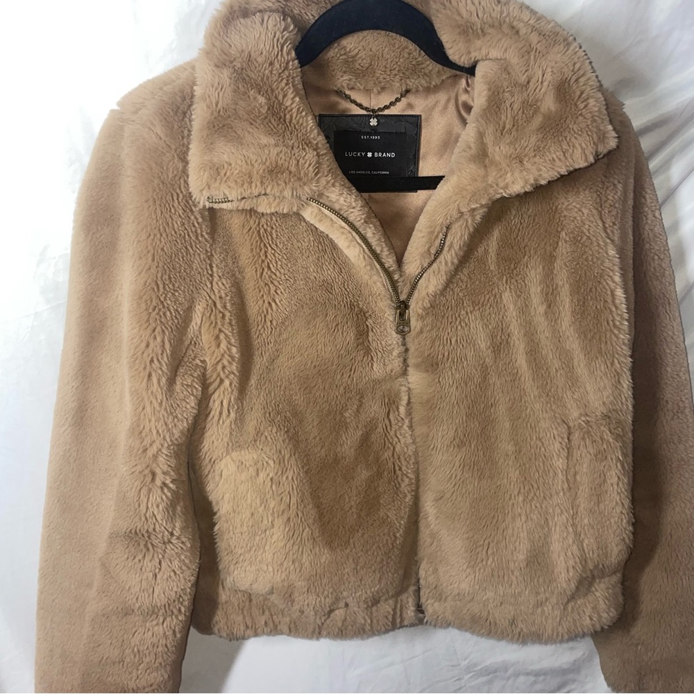 Lucky Brand Cropped Faux Fur Zip Up Teddy Jacket